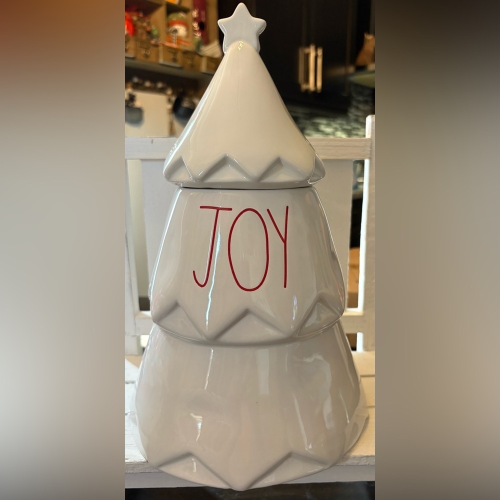 Rae Dunn White Ceramic Tree Canister with Red Joy Design